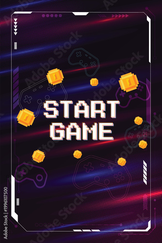 START GAME. Retro Futurism Sci-Fi Background. glowing neon grid and star from vintage arcade computer games. Vertical Backgrounds