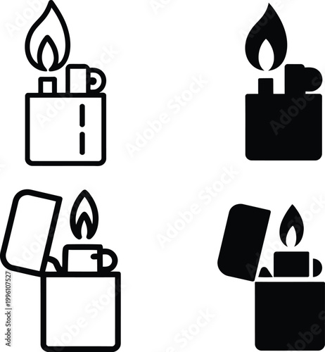 Gasoline lighter icon set. Pocket lighter and ignition symbol. Flame and fire start concept representing gasoline lighter, classic windproof lighter and ignition tool in outline and silhouette styles