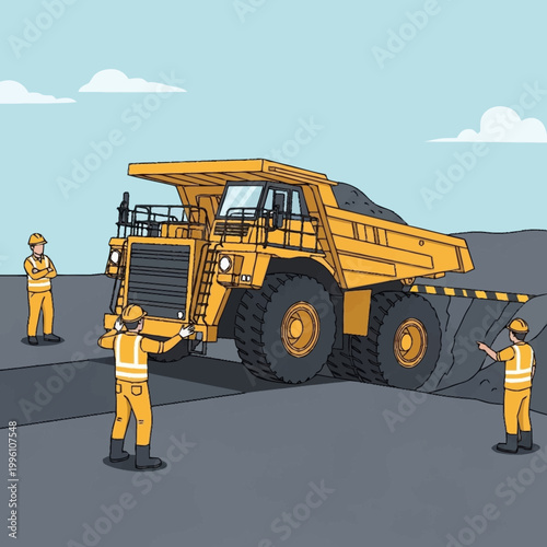 Heavy Duty Mining Truck and Workers in Open Pit Mine.