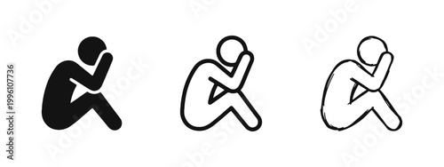 Sad Depressed Person Sitting Icon Set in Glyph, Line, and Hand-Drawn Styles