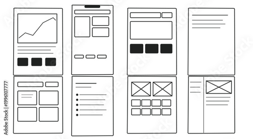 Wireframe mobile app with various screen layouts screens