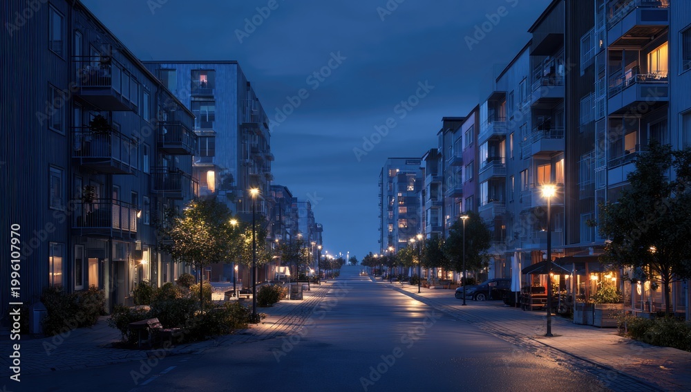 Fototapeta premium Modern Apartment Buildings Lined Street at Dusk with Warm Lights.