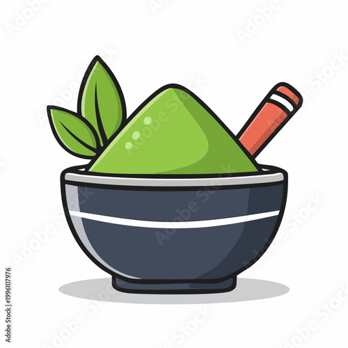 Matcha Powder in Bowl with Leaves and Whisk