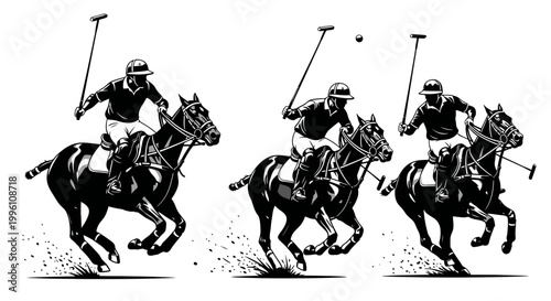 Polo Players on Horses, Action Shot, Sport Illustration
