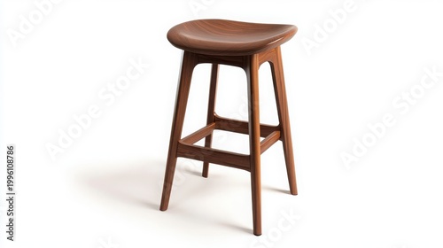 A wooden bar stool with a brown leather seat is shown against a white background