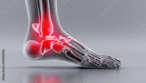 3D Medical Illustration of Human Ankle Joint Pain and Inflammation.