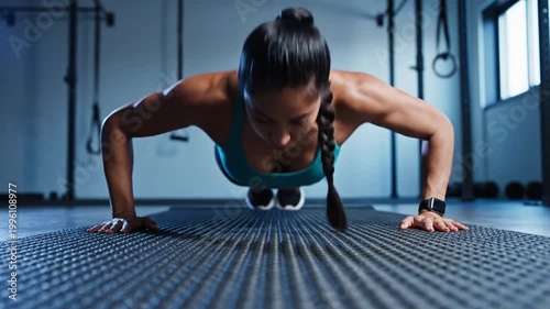 Woman doing push ups in gym.