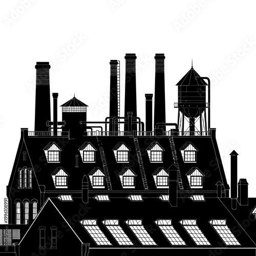 Industrial Factory Silhouette with Smokestacks and Water Tower