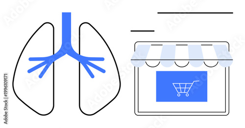Healthcare, e-commerce, respiratory health, online shopping, digital marketplace, innovation. Simplified lungs beside a digital storefront with shopping cart. Healthcare and e-commerce concept