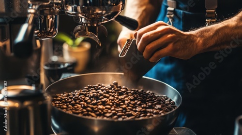 A person expertly handling coffee beans in a bustling cafe environment with steam rising