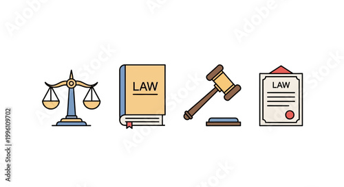 Law and justice icons set with scales, law book, gavel, and legal document