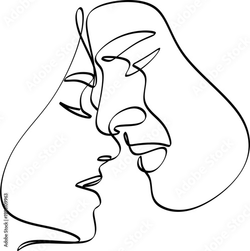Line drawing of a man and a woman in love. Kiss of lovers.