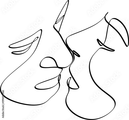 Line drawing of a man and a woman in love. Kiss of lovers.