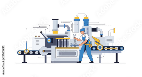 A factory worker maintains the industrial machine on a production line.