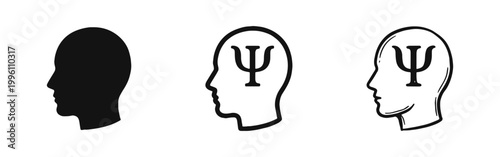 Psychology Symbol psi in Human Head Icon Set in Three Styles