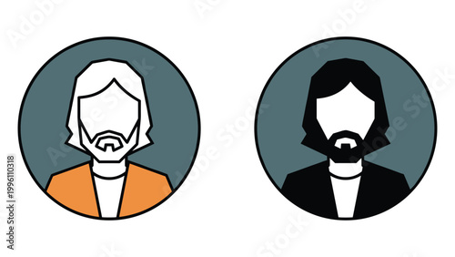 Two faceless cartoon characters in circular avatars with beards and suits on a white background