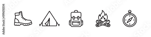 Vector icons of outdoor hiking equipment in a clean, thin line style, featuring a triangular tent, a rugged trekking boot, a campfire, a compass, and a travel backpack.