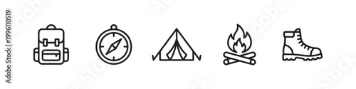 Vector icons of outdoor hiking equipment in a clean, thin line style, featuring a triangular tent, a rugged trekking boot, a campfire, a compass, and a travel backpack.
