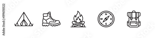 Vector icons of outdoor hiking equipment in a clean, thin line style, featuring a triangular tent, a rugged trekking boot, a campfire, a compass, and a travel backpack.