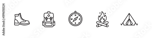 Vector icons of outdoor hiking equipment in a clean, thin line style, featuring a triangular tent, a rugged trekking boot, a campfire, a compass, and a travel backpack.