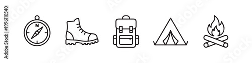 Vector icons of outdoor hiking equipment in a clean, thin line style, featuring a triangular tent, a rugged trekking boot, a campfire, a compass, and a travel backpack.