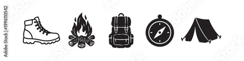 Vector icons of outdoor hiking equipment in a clean, thin line style, featuring a triangular tent, a rugged trekking boot, a campfire, a compass, and a travel backpack.