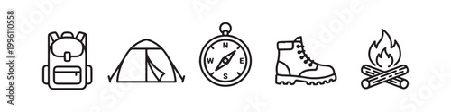 Vector icons of outdoor hiking equipment in a clean, thin line style, featuring a triangular tent, a rugged trekking boot, a campfire, a compass, and a travel backpack.