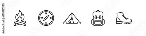 Vector icons of outdoor hiking equipment in a clean, thin line style, featuring a triangular tent, a rugged trekking boot, a campfire, a compass, and a travel backpack.