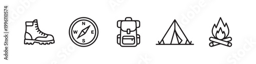 Vector icons of outdoor hiking equipment in a clean, thin line style, featuring a triangular tent, a rugged trekking boot, a campfire, a compass, and a travel backpack.