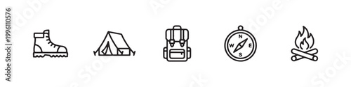 Vector icons of outdoor hiking equipment in a clean, thin line style, featuring a triangular tent, a rugged trekking boot, a campfire, a compass, and a travel backpack.