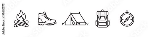 Vector icons of outdoor hiking equipment in a clean, thin line style, featuring a triangular tent, a rugged trekking boot, a campfire, a compass, and a travel backpack.
