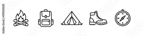 Vector icons of outdoor hiking equipment in a clean, thin line style, featuring a triangular tent, a rugged trekking boot, a campfire, a compass, and a travel backpack.