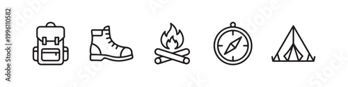 Vector icons of outdoor hiking equipment in a clean, thin line style, featuring a triangular tent, a rugged trekking boot, a campfire, a compass, and a travel backpack.