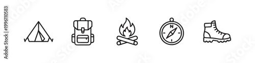 Vector icons of outdoor hiking equipment in a clean, thin line style, featuring a triangular tent, a rugged trekking boot, a campfire, a compass, and a travel backpack.