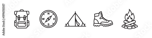 Vector icons of outdoor hiking equipment in a clean, thin line style, featuring a triangular tent, a rugged trekking boot, a campfire, a compass, and a travel backpack.