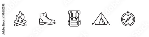 Vector icons of outdoor hiking equipment in a clean, thin line style, featuring a triangular tent, a rugged trekking boot, a campfire, a compass, and a travel backpack.