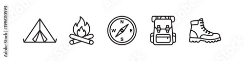 Vector icons of outdoor hiking equipment in a clean, thin line style, featuring a triangular tent, a rugged trekking boot, a campfire, a compass, and a travel backpack.