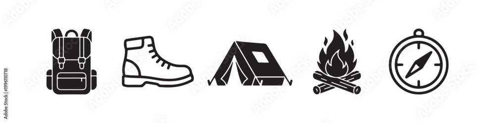 Fototapeta premium Vector icons of outdoor hiking gear in a minimalist style, featuring a trekking boot, campfire, rugged backpack, compass, and tourist tent