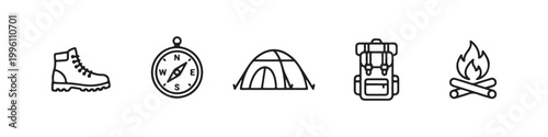 Vector icons of outdoor hiking equipment in a clean, thin line style, featuring a triangular tent, a rugged trekking boot, a campfire, a compass, and a travel backpack.