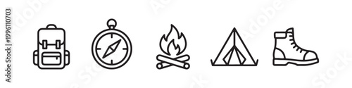 Vector icons of outdoor hiking equipment in a clean, thin line style, featuring a triangular tent, a rugged trekking boot, a campfire, a compass, and a travel backpack.