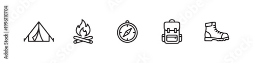 Vector icons of outdoor hiking equipment in a clean, thin line style, featuring a triangular tent, a rugged trekking boot, a campfire, a compass, and a travel backpack.