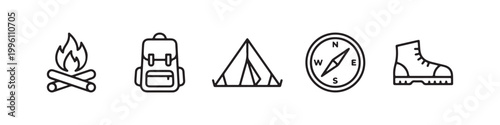 Vector icons of outdoor hiking equipment in a clean, thin line style, featuring a triangular tent, a rugged trekking boot, a campfire, a compass, and a travel backpack.
