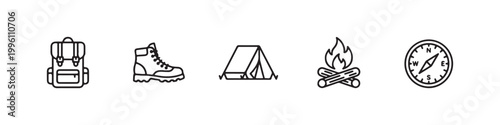 Vector icons of outdoor hiking equipment in a clean, thin line style, featuring a triangular tent, a rugged trekking boot, a campfire, a compass, and a travel backpack.