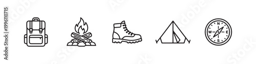 Vector icons of outdoor hiking equipment in a clean, thin line style, featuring a triangular tent, a rugged trekking boot, a campfire, a compass, and a travel backpack.