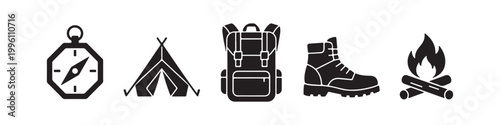 Vector icons of outdoor hiking gear in a minimalist style, featuring a trekking boot, campfire, rugged backpack, compass, and tourist tent.