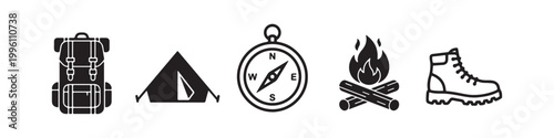Vector icons of outdoor hiking gear in a minimalist style, featuring a trekking boot, campfire, rugged backpack, compass, and tourist tent