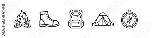 Vector icons of outdoor hiking gear in a minimalist style, featuring a trekking boot, campfire, rugged backpack, compass, and tourist tent