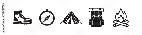 Vector icons of outdoor hiking gear in a minimalist style, featuring a trekking boot, campfire, rugged backpack, compass, and tourist tent