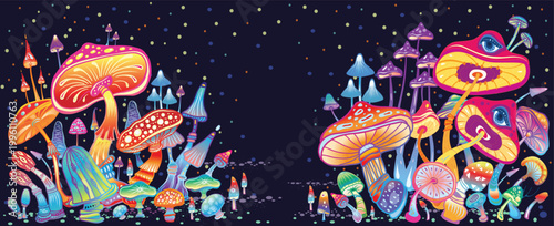 Colorful psychedelic mushroom composition with surreal glowing fungi in vibrant fantasy night landscape