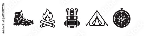 Vector icons of outdoor hiking gear in a minimalist style, featuring a trekking boot, campfire, rugged backpack, compass, and tourist tent